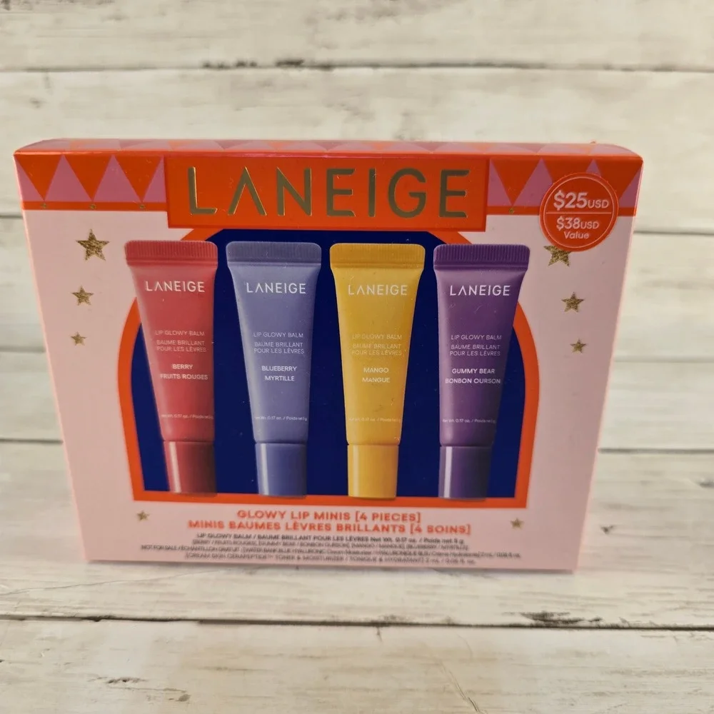 NEW Laneige Glowy Lip Minis 4 Pc Set Berry‎ Blueberry Mango Gummy Bear Lip Balm